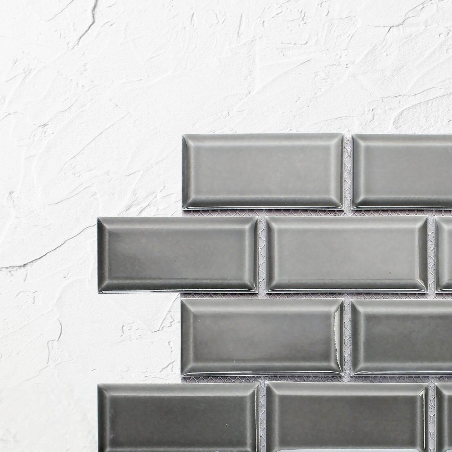 Medium Grey Gloss Glazed Porcelain Rectangle Bevelled Edge 45x95mm